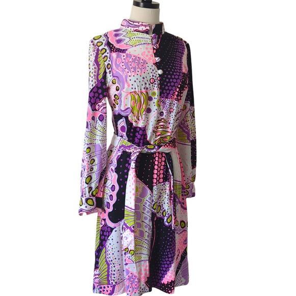 Vintage 1970s Dress Womens Purple Pink MCM Hippie Psychedelic Retro Anika XS/S - Picture 5 of 16